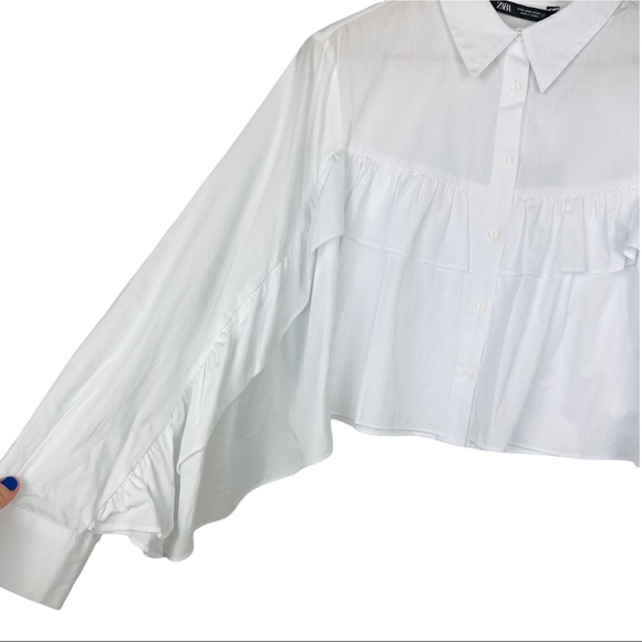 ZARA Frilly Exaggerated Ruffle Sleeve Poplin Button Down Cotton Pirate Blouse - Picture 9 of 13